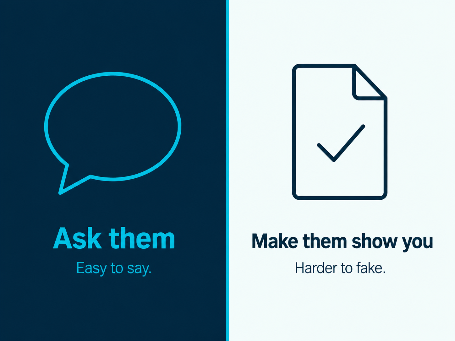 Comparison of Ask them versus Make them show you questions for technology partner evaluation
