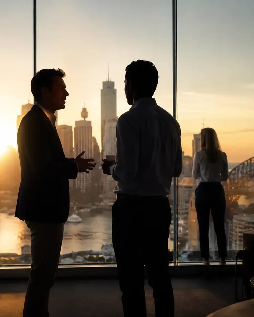 AI automation services: two business leaders talking in a Sydney office at dusk